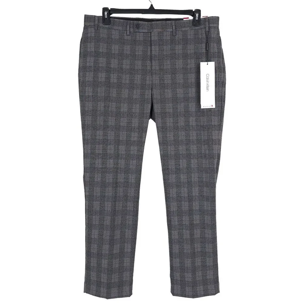 Calvin Klein Mens Slim Fit Dress Pants 38x30 Grey Black Plaid Stretch NWT